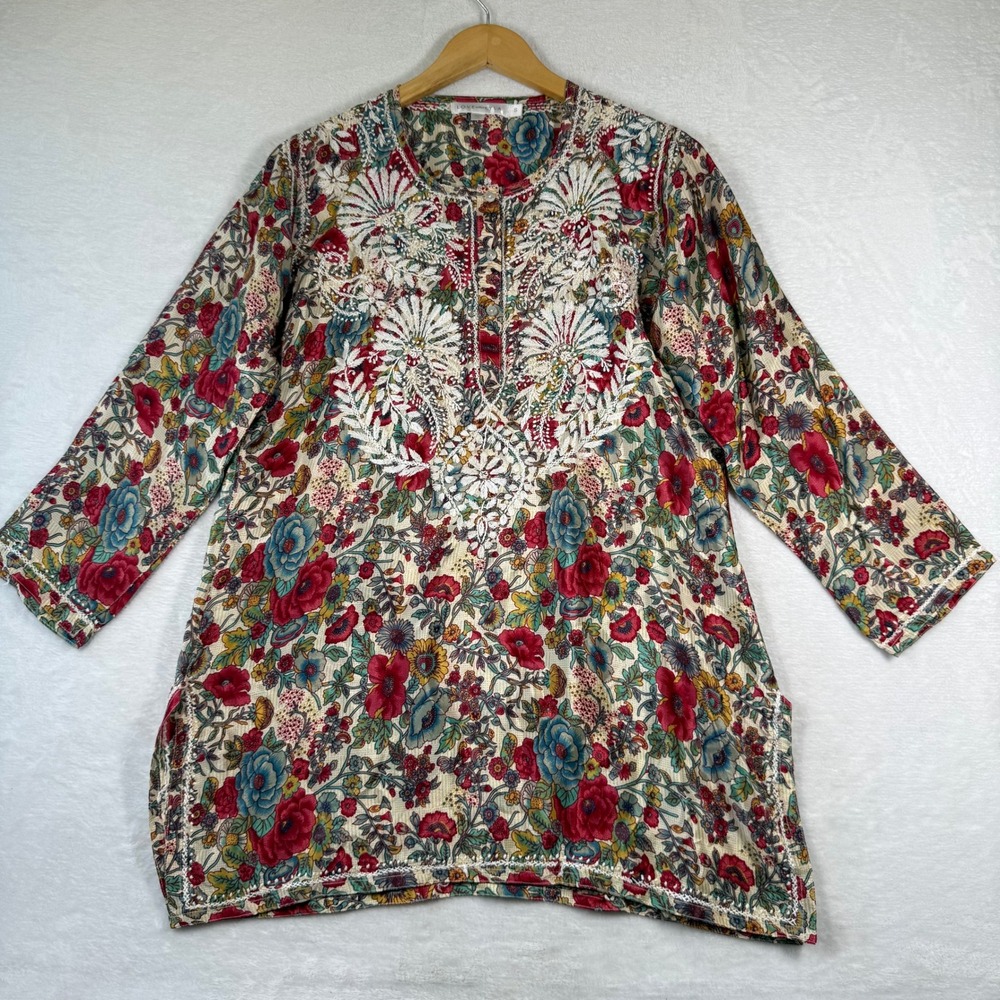 Love Kyla Womens Small Floral Embroidered Henley Tunic Blouse Multicolor Boho